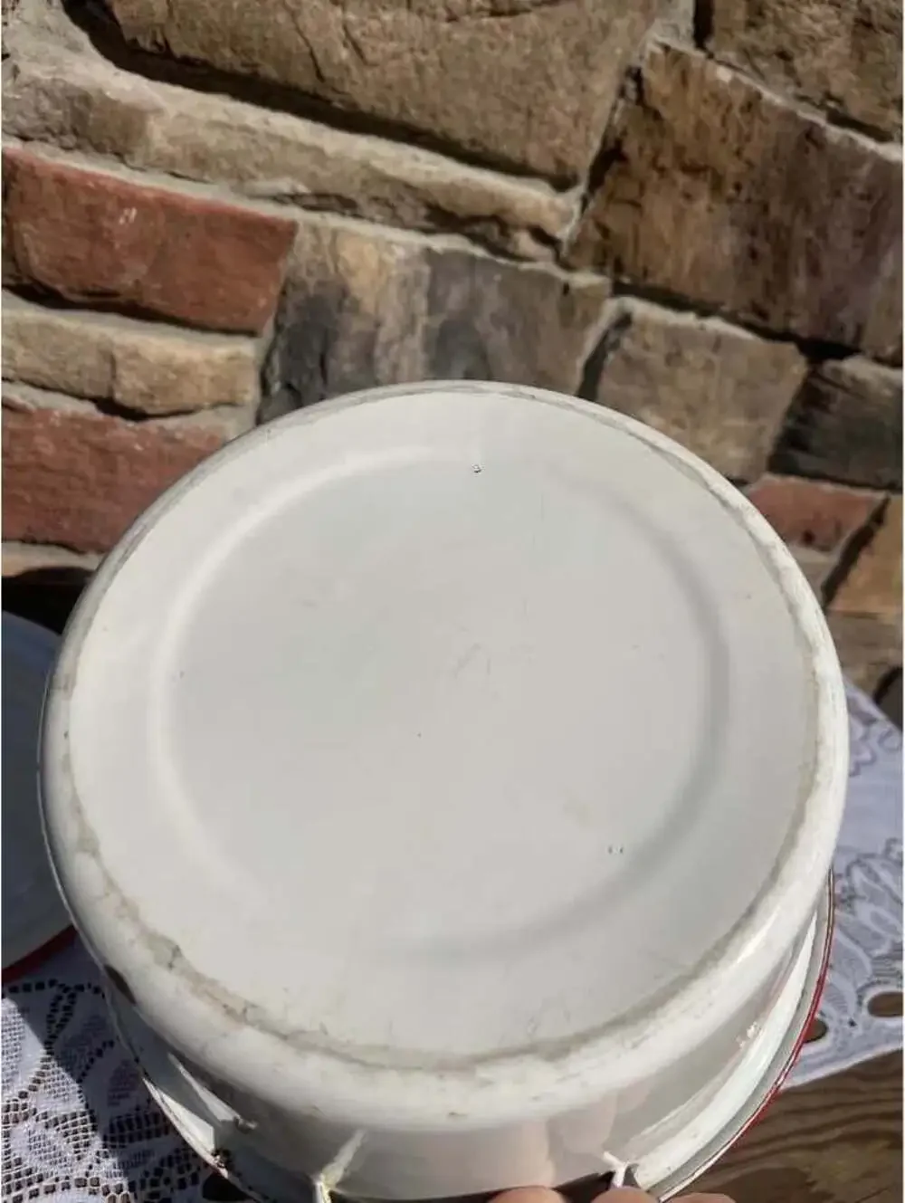 Vintage White Enamelware Pot with Lid & Basin Set Red Trim Farmhouse Cookware